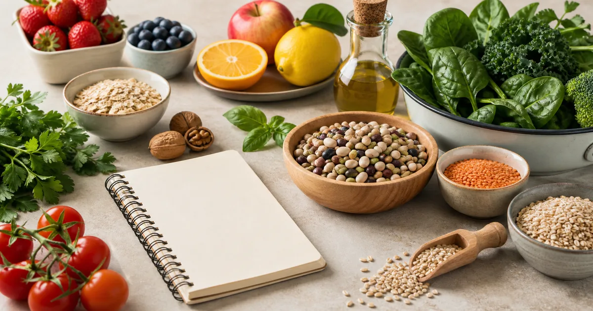 Piatto mediterraneo con verdure, legumi e cereali integrali per la prevenzione