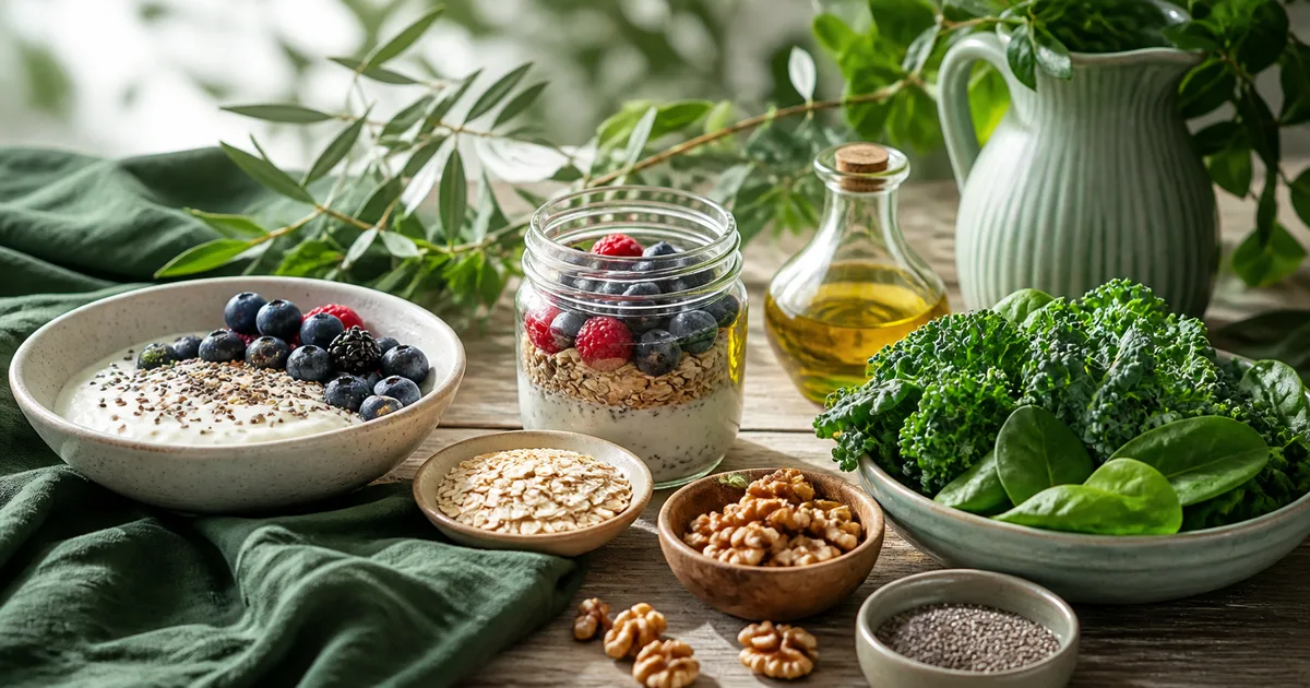 Piatto mediterraneo e taccuino per pianificare l'alimentazione in menopausa