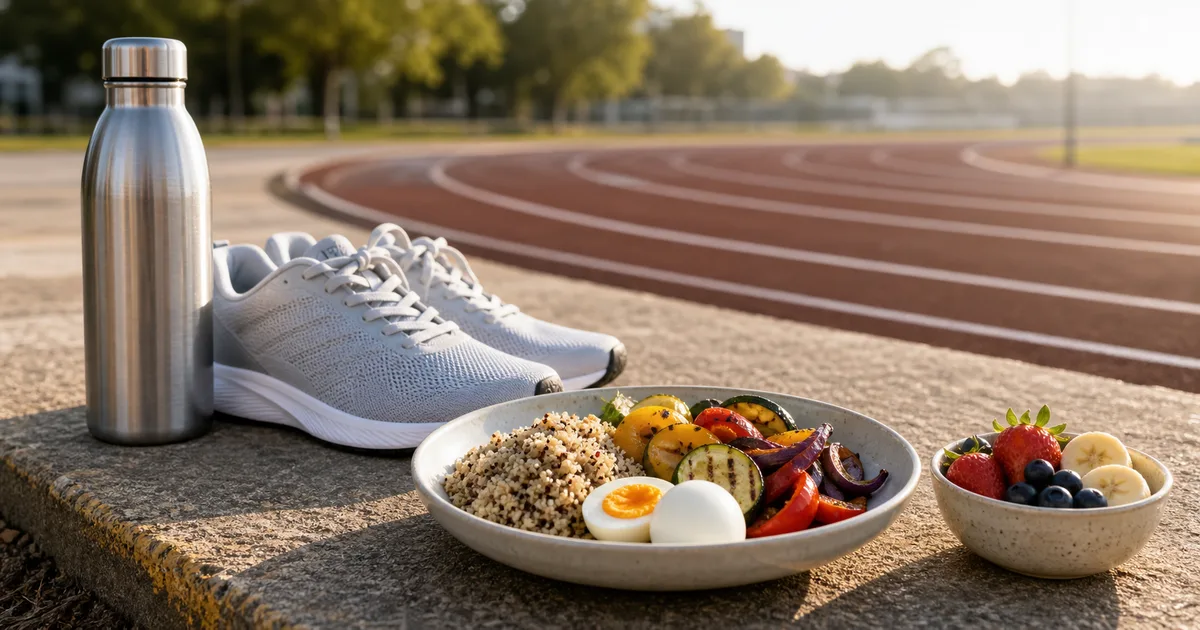 Pasto equilibrato, borraccia e scarpe da corsa su una pista di atletica