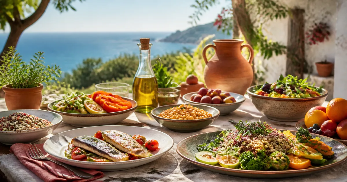 Tavola mediterranea con verdure, legumi, pesce e olio extravergine