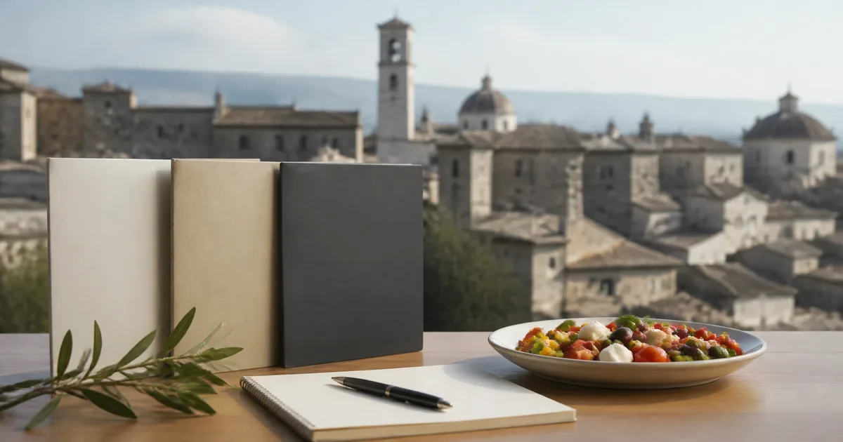 Piano alimentare su una scrivania con uno scorcio urbano di Foligno