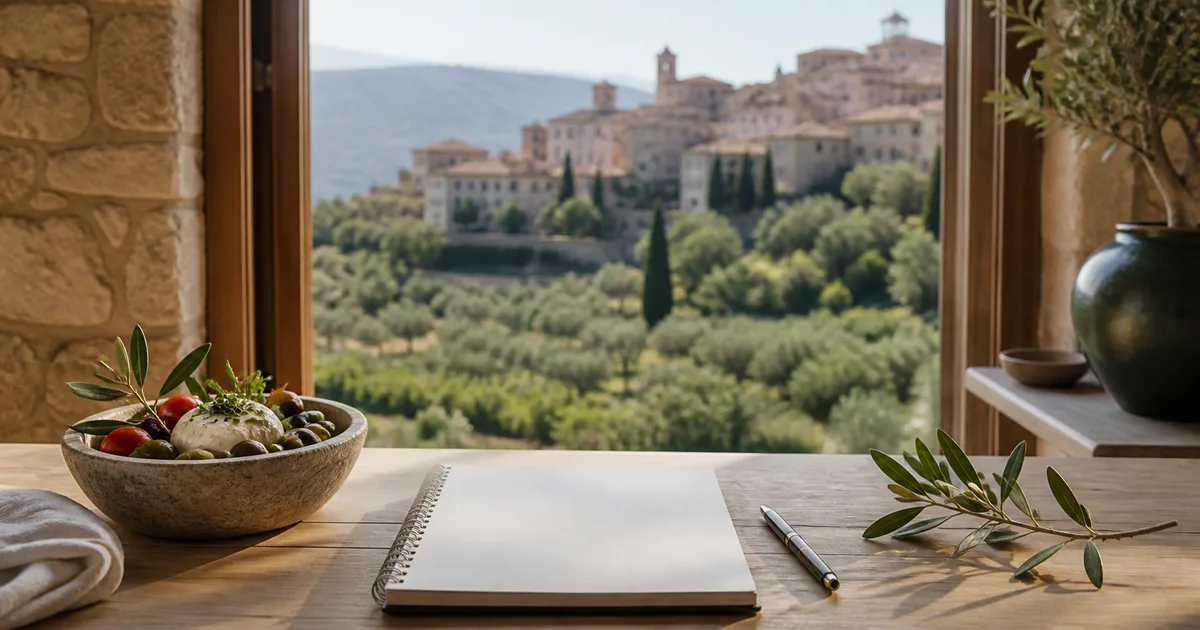 Piano alimentare e piatto equilibrato con panorama del borgo di Trevi