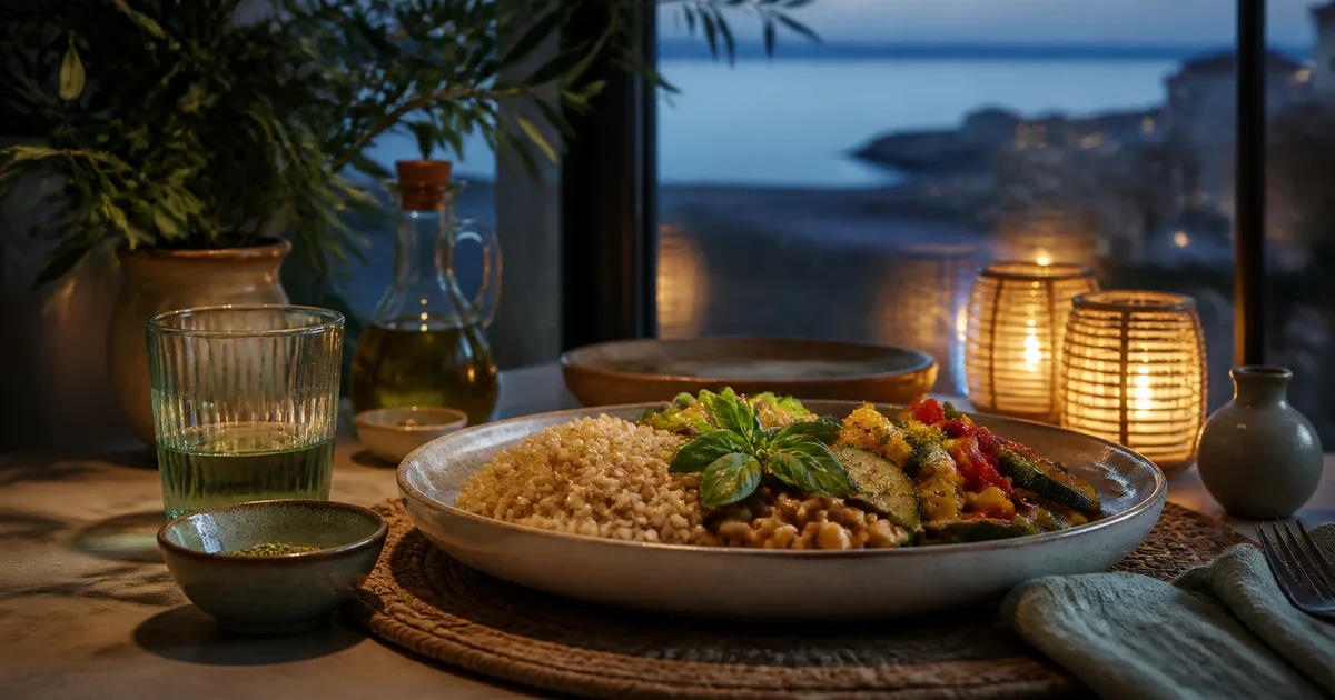 Piatto serale equilibrato con cereali integrali, verdure e una fonte proteica