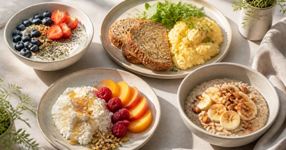 Colazione proteica con yogurt, uova, frutta fresca e frutta secca