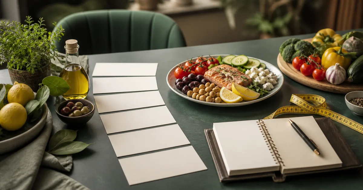 Piano alimentare personalizzato con appunti, calendario e ingredienti freschi