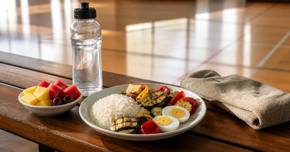 Pasto post allenamento con cereali, verdure, proteine e borraccia