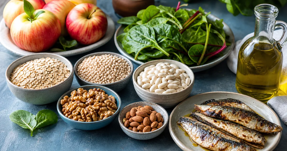 Avena, legumi, frutta secca, verdure, pesce e olio per un'alimentazione equilibrata