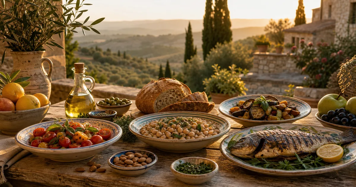 Tavola mediterranea con pesce, legumi, ortaggi, pane e olio extravergine