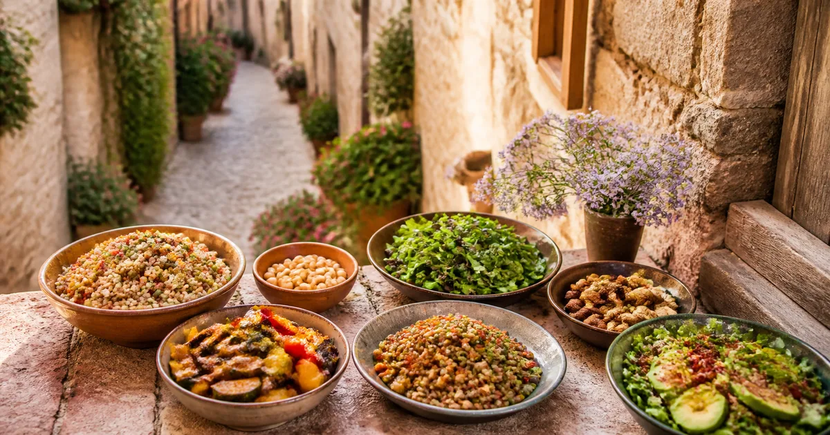 Piatto vegano con legumi, cereali e verdure davanti al borgo di Spello