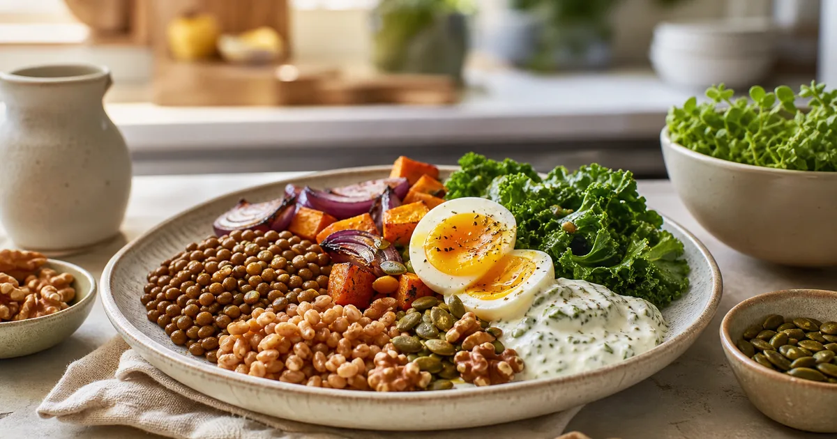 Piatto vegetariano equilibrato con legumi, cereali, uova, verdure, semi e frutta secca
