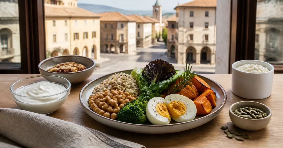 Piatto vegetariano con uova, legumi e ortaggi vicino a uno scorcio di Foligno
