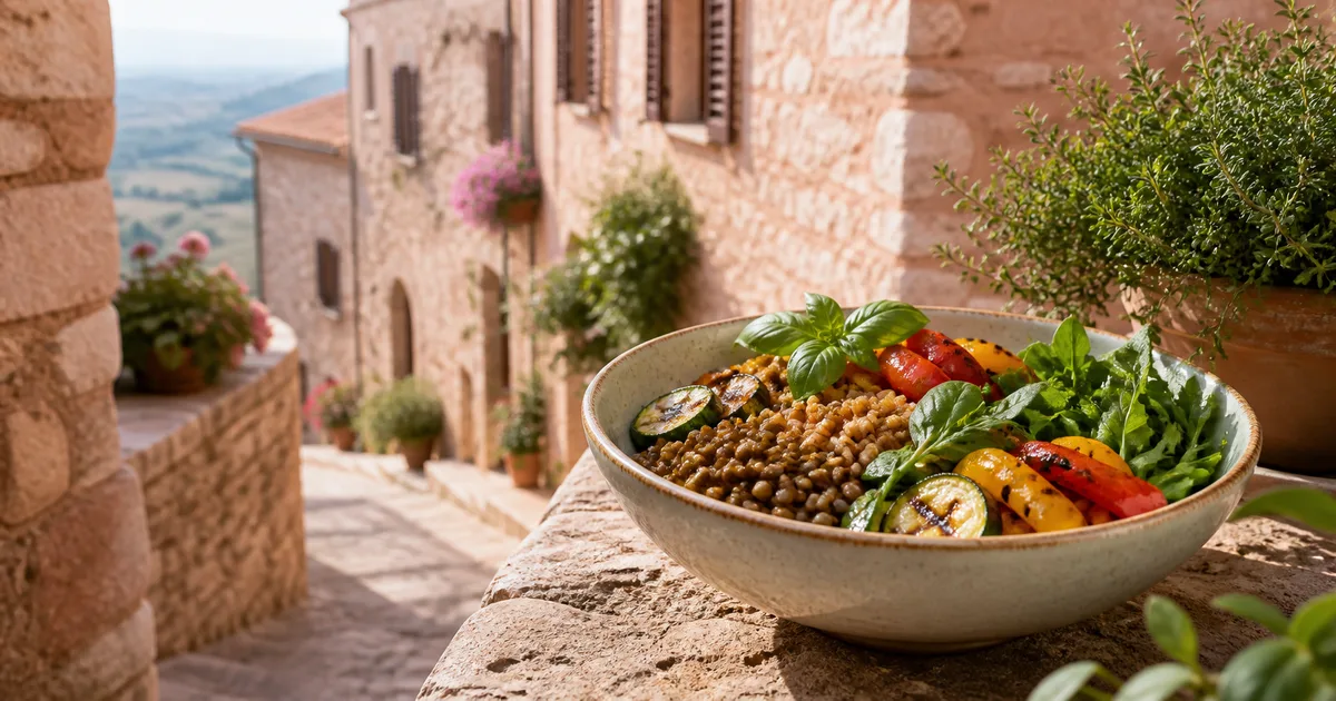Piatto vegetariano ricco di ortaggi e legumi con panorama di Spello