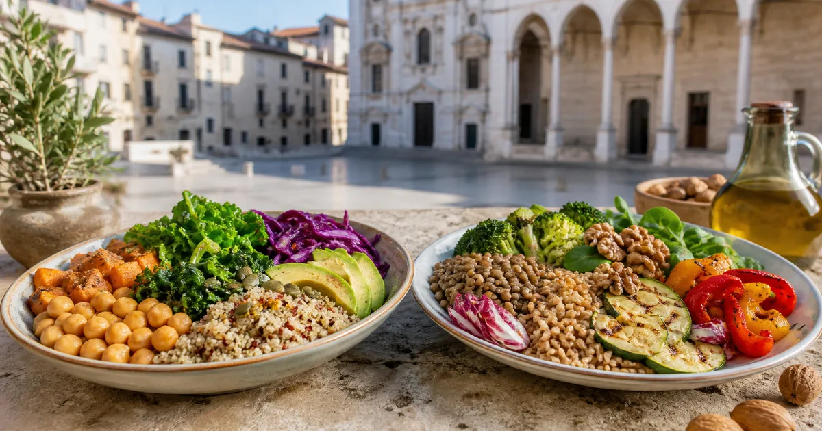 Confronto tra piatti vegetariano e vegano in un'ambientazione di Foligno