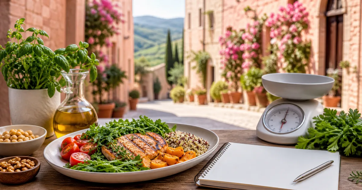 Scrivania per consulenza nutrizionale con un panorama del borgo di Spello