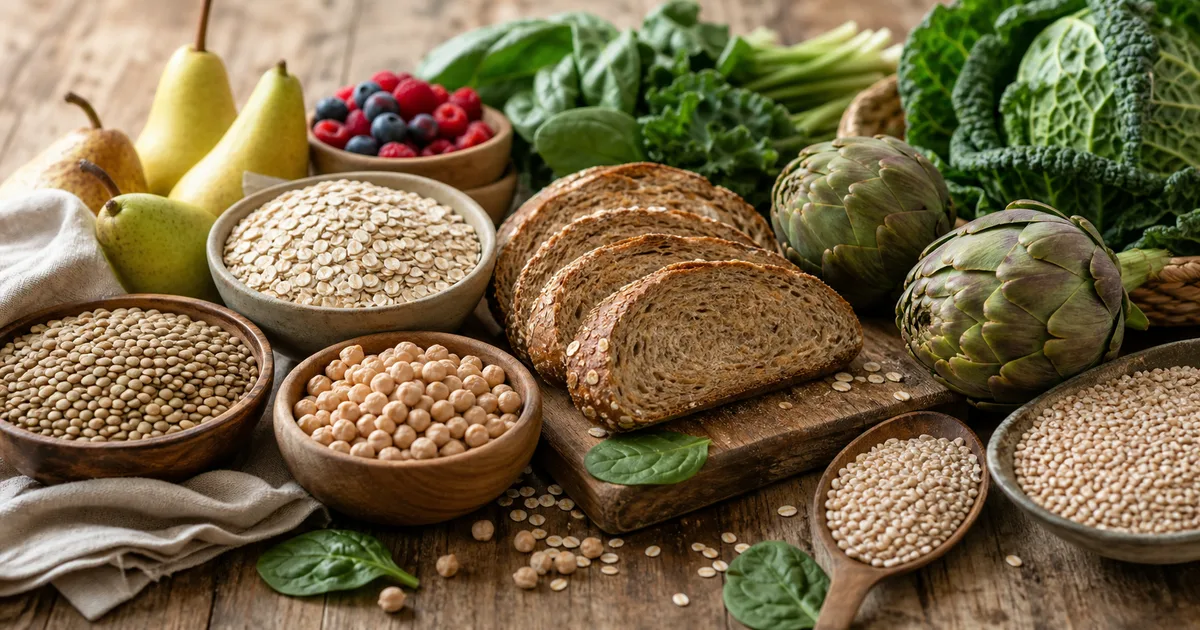 Alimenti ricchi di fibra: cereali integrali, legumi, frutta e verdure