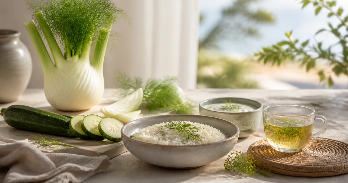 Pasto leggero con verdure cotte, riso e tisana per il gonfiore addominale