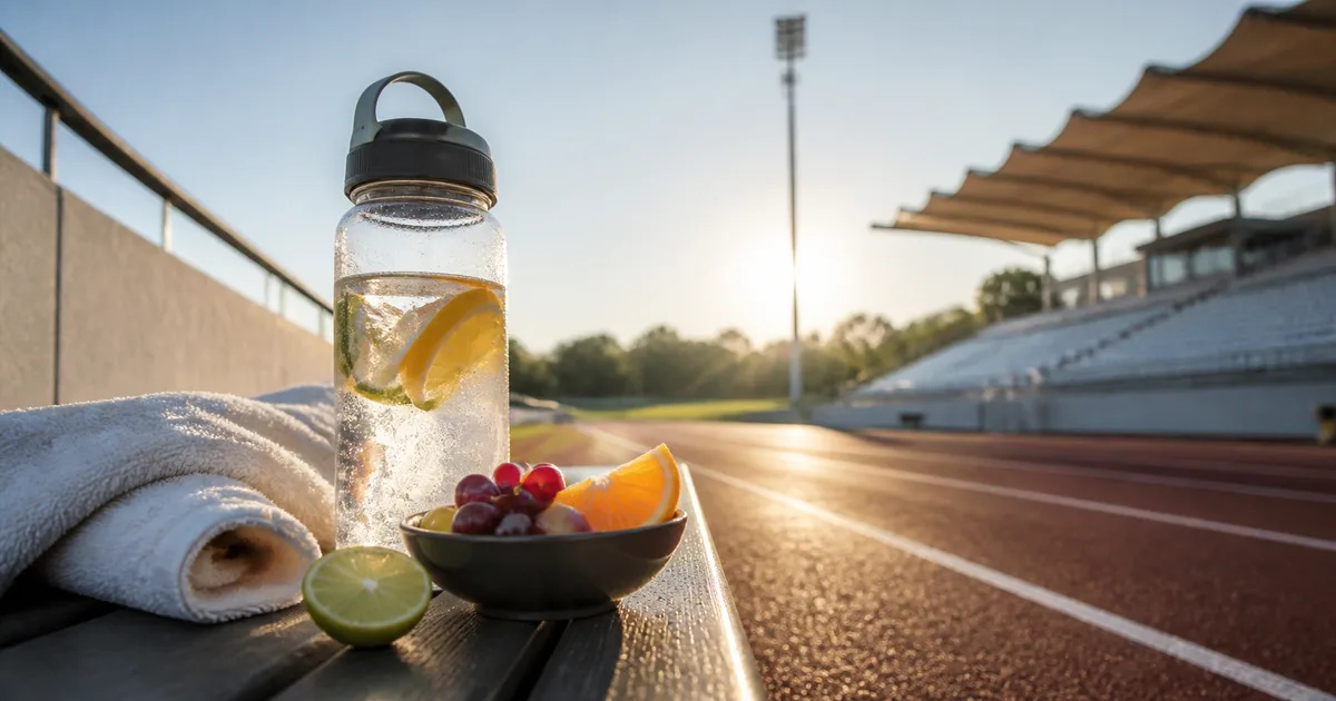 Borraccia, acqua e frutta accanto ad accessori per l'allenamento sportivo