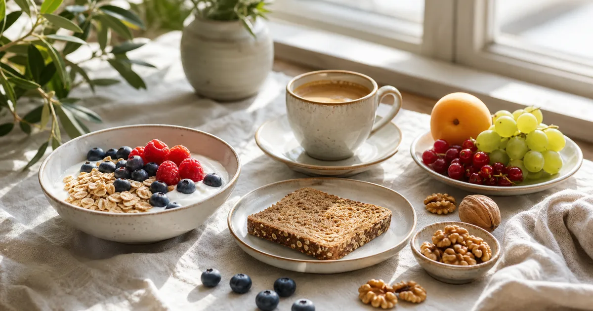 Colazione con yogurt, avena, frutti di bosco, pane, frutta secca e caffè