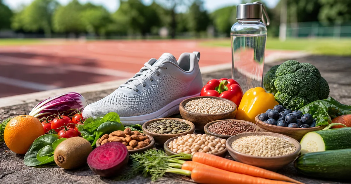 Alimenti ricchi di micronutrienti insieme ad accessori per l'attività sportiva