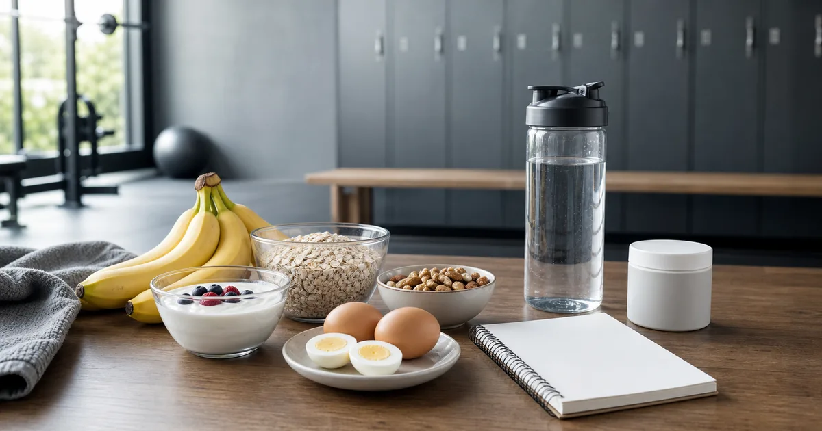 Alimenti, acqua, taccuino e contenitore neutro in un contesto sportivo