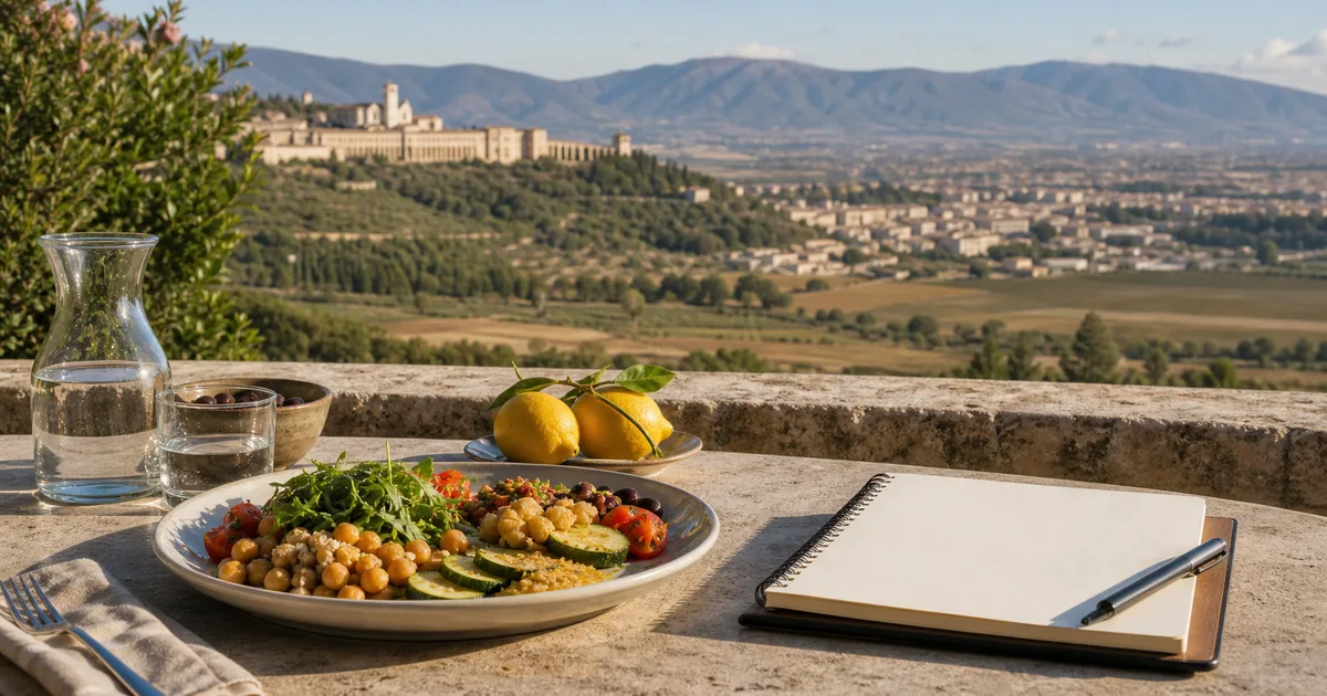 Consulenza nutrizionale con piatto equilibrato e paesaggio umbro