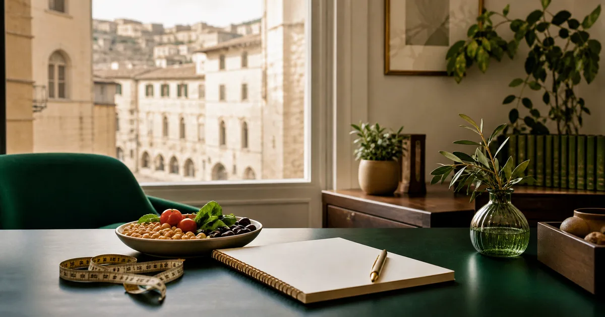 Scrivania per consulenza nutrizionale con piano alimentare e panorama di Perugia
