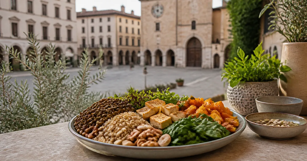 Piatto vegano bilanciato e piano alimentare in un'ambientazione di Foligno