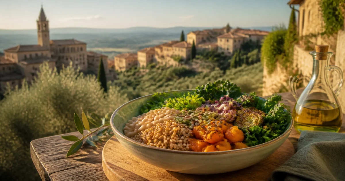 Piano nutrizionale vegan con piatto vegetale e panorama di Trevi