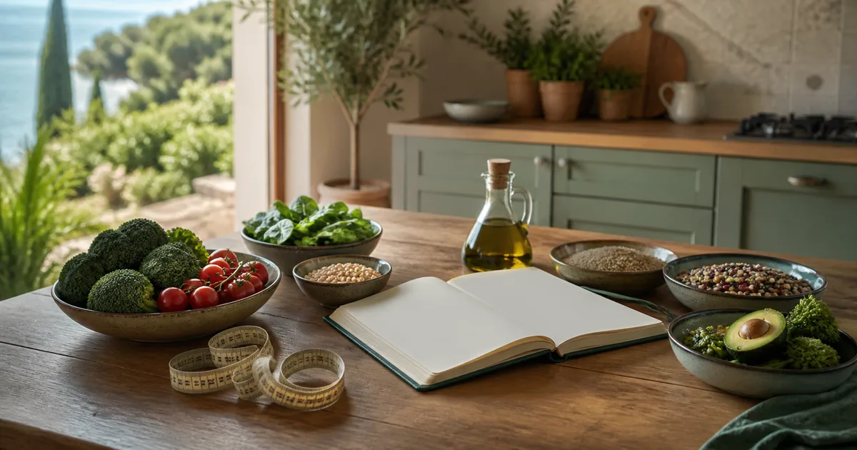Piano alimentare personalizzato con calendario, appunti e piatto equilibrato