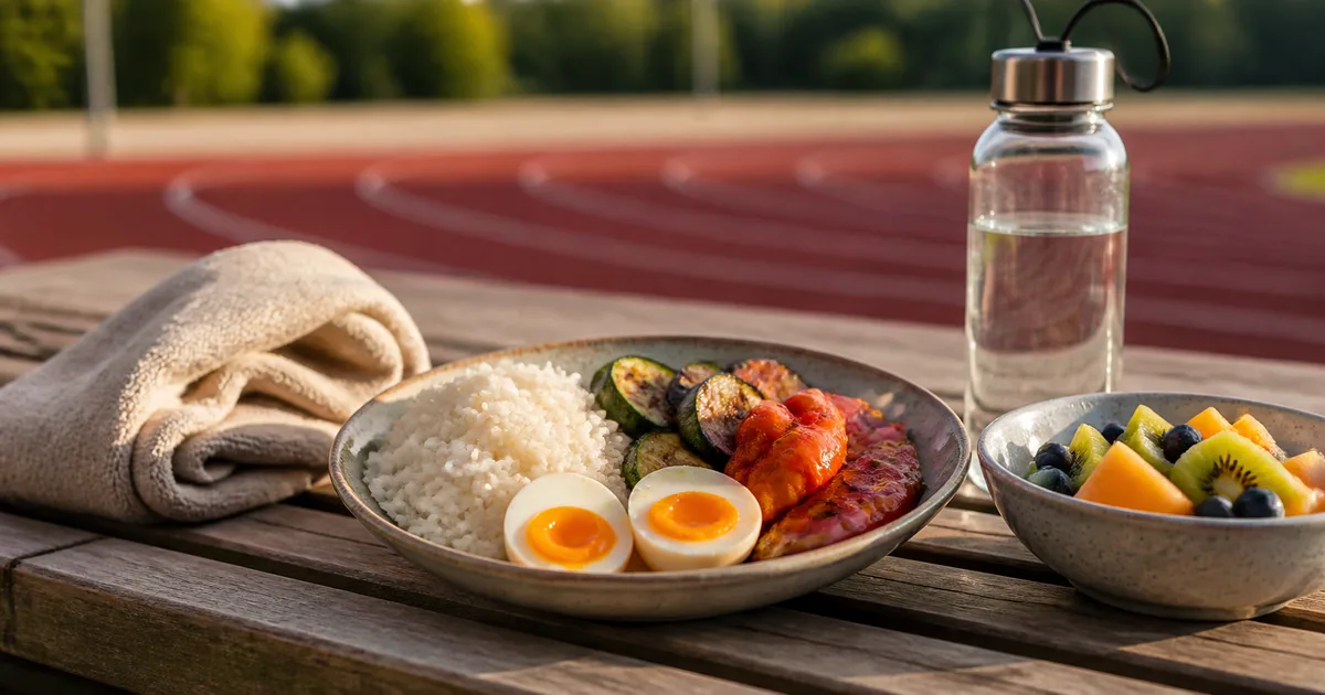 Pasto per il recupero muscolare con alimenti proteici e accessori sportivi