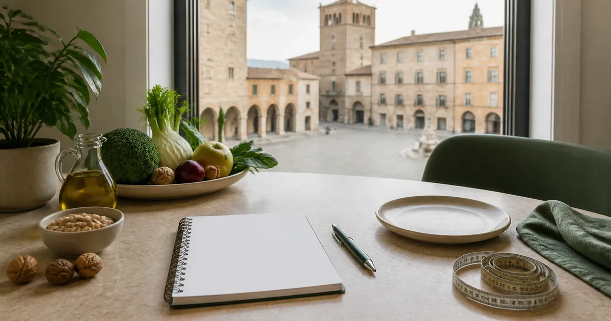 Scrivania di un servizio nutrizionale con piano alimentare e veduta di Foligno