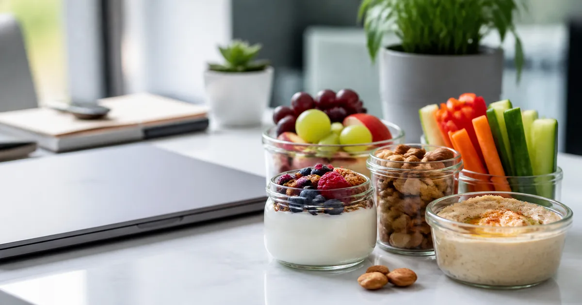 Snack da ufficio con yogurt, frutta, verdure, frutta secca e hummus