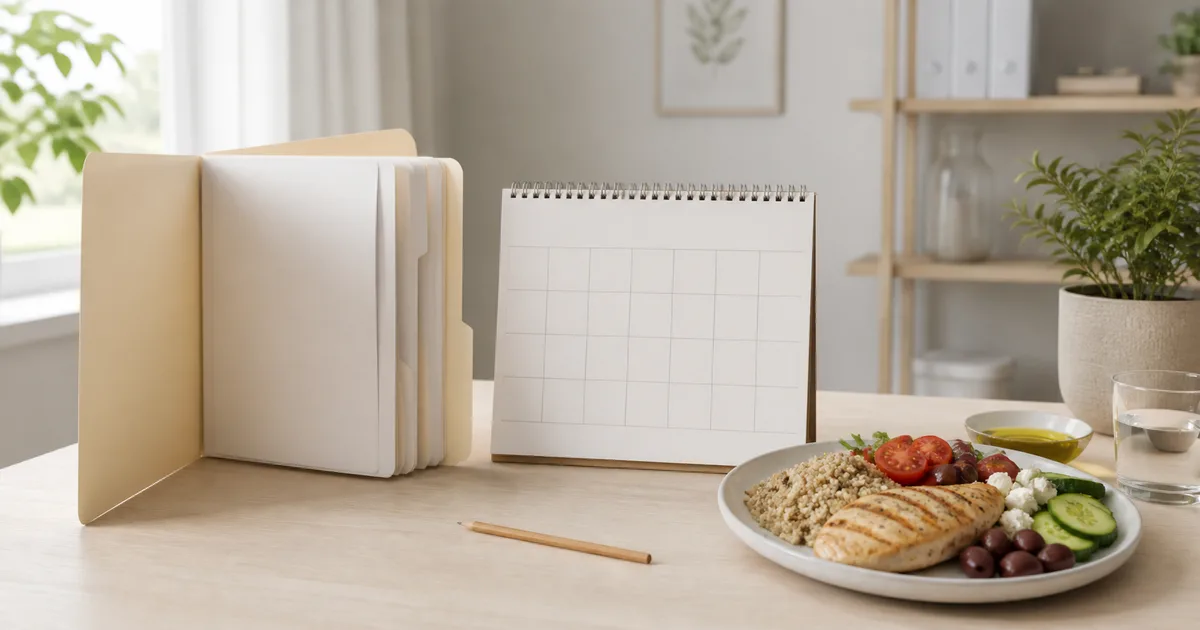 Calendario e cartella accanto a un pasto per organizzare il piano alimentare