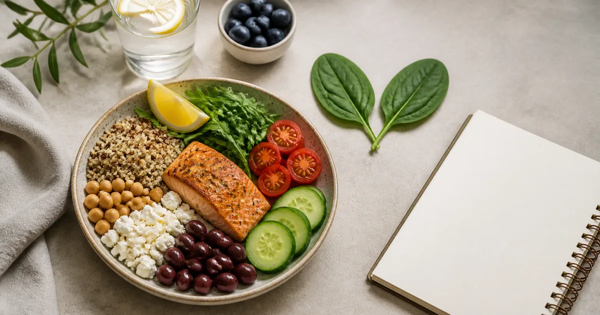 Piatto bilanciato e taccuino per il tema di tiroide, metabolismo e dieta