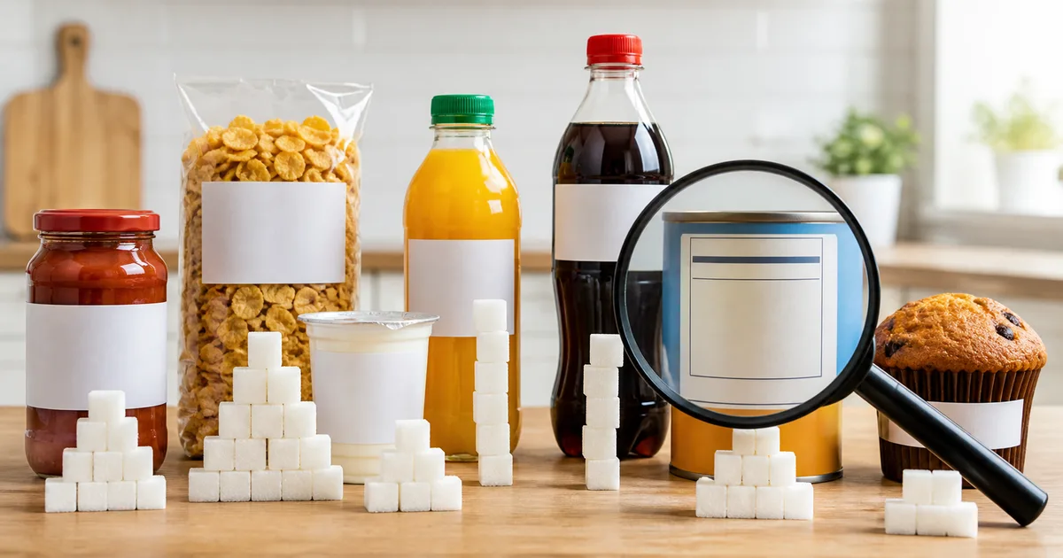 Etichette alimentari osservate con una lente accanto a prodotti e zollette